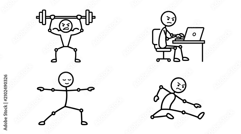 Obraz premium Four detailed stick figure illustrations highlighting fitness sports and office work poses.
