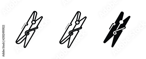 Clothespin icons illustrating laundry clip and clothes peg symbols with clean minimalist vector graphics for household cleaning, fabric care, drying lines, home essentials, and utility branding.