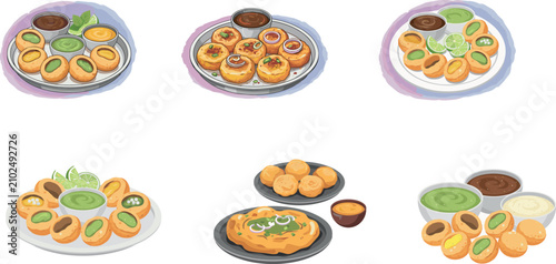 Bild auf Leinwand Indian Panipuri and Golgappa Vector Set with Crispy Puri Shells Spicy Mint Water