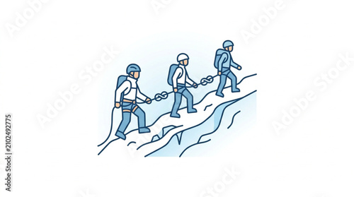 Fotografie Group of hikers climbing a steep rocky mountain trail.