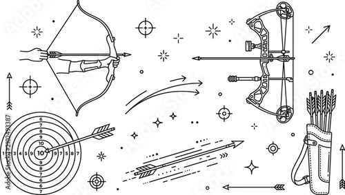 Tableau sur toile Archery and bow hunting line icon set featuring traditional longbow modern compo