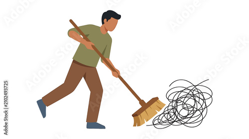 Bilde på lerret Man Sweeping Away Chaotic Black Lines Concept