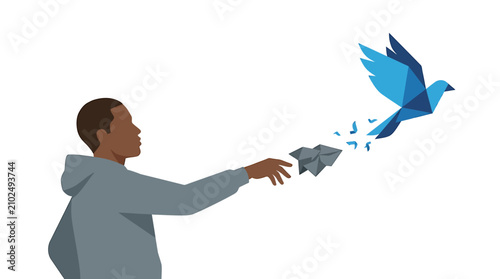 Foto Man Tossing Paper Ball that Turns into Blue Bird