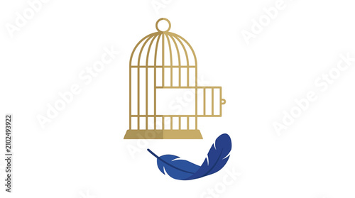 Fotografie Open Golden Birdcage with Drifting Blue Feather