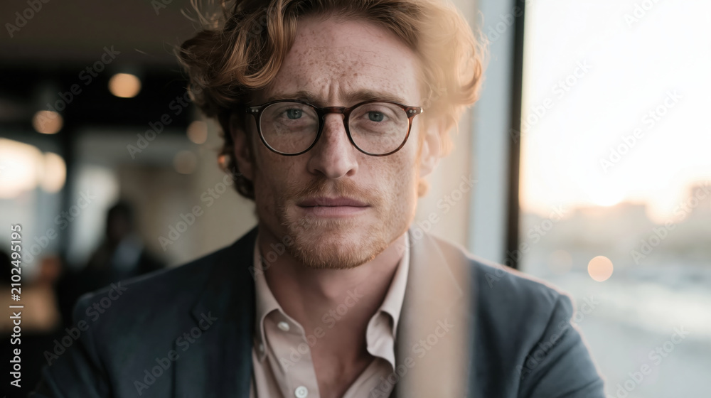 Fototapeta premium Businessman portrait freckles redhead glasses serious office window natural light focus businessman portrait with freckles redhead glasses serious office window natural light focus