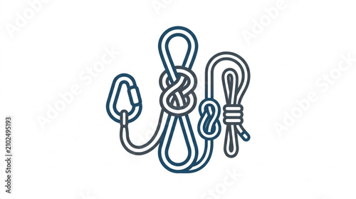 Photos Illustrated collection of climbing knots and carabiners.