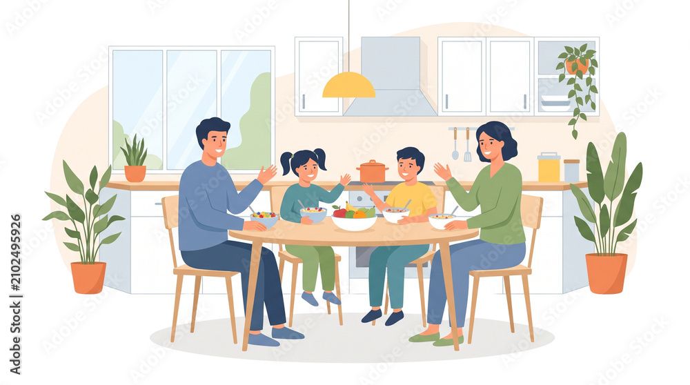 Fototapeta premium Happy family enjoying a meal together at the kitchen table.