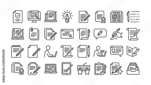 Modern minimalist line icon set representing document management content creation digital writing and office communication concepts in one package