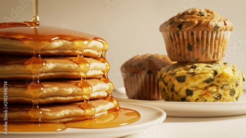 Whole Grain Breakfast Muffin Beside Fluffy Pancakes Drizzled With Syrup For A Delicious Morning Meal