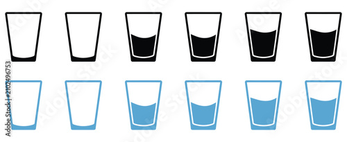 Bild auf Leinwand Water glass icon vector set, black hydration symbols, full and empty drinking glasses, water level concept, healthy lifestyle elements, flat design, isolated on transparent background