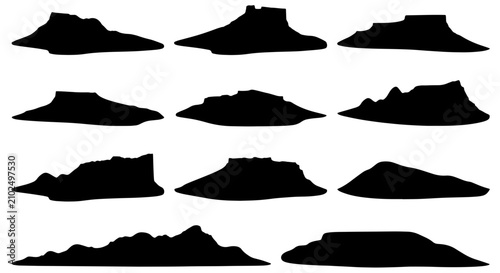 Fotografie Diverse Mountain Silhouettes Collection, Flat-Top Peaks and Jagged Summits, Vect