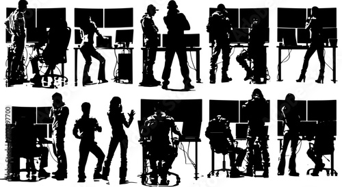 Diverse Silhouettes of People Working at Computers, Office Professionals, Technology Users, Modern Workplace Scenes, Vector Collection