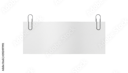 A blank rectangular strip of white paper held by two metallic paper clips isolated on transparent background