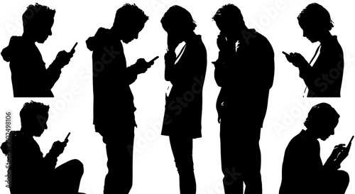 Konstfotografi Silhouette Collection of People Using Smartphones, Digital Communication Icons,