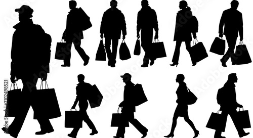 Foto Diverse Shopper Silhouettes, 10 Vector Icons Set: People Carrying Shopping Bags,