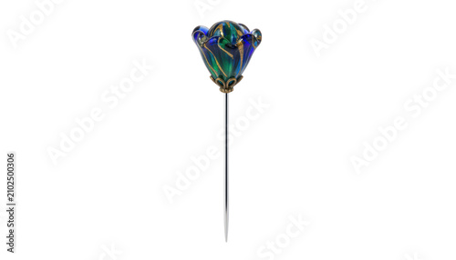 An elegant vintage hair pin or hatpin with a decorative blue and green art glass flower top isolated on transparent background