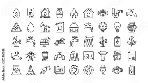 Comprehensive line art icon set representing various global energy sources utilities and environmental sustainability concepts