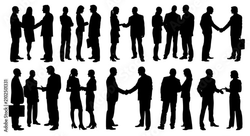 Business Handshake Silhouettes, Professional Partnership Icons, Corporate Agreement Vector Set, Meeting Collaboration Graphics