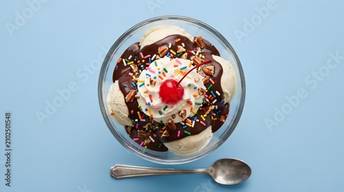 Ice cream sundae with toppings, American Food