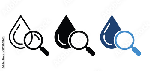 Water research icon set vector illustration, water drop search symbols, oil and liquid analysis icons, laboratory testing elements, quality control concept, environmental science design.