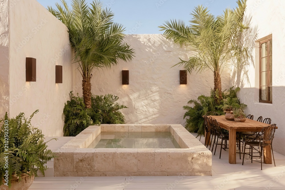 Naklejka premium Mediterranean courtyard featuring a small rectangular pool surrounded by palm trees, lush greenery, and a wooden dining table with black chairs under a clear blue sky