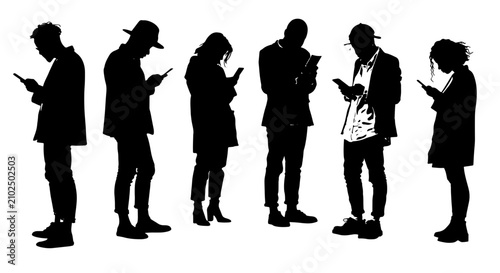 Konstfotografi Diverse Group of People Silhouettes Staring at Smartphones, Modern Communication