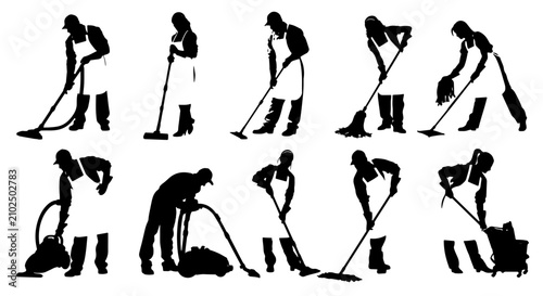 Fotografie Cleaning Service Silhouettes: Diverse Actions with Mops, Vacuums, and Brooms, Ve