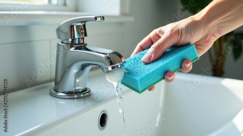 Close-up of a hand rinsing a cleaning sponge under a chrome faucet in a pristine bathroom sink