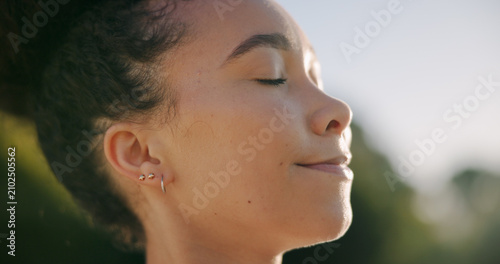 Canvastavla Mindfulness, breathing and woman with smile on break, outdoor and relax with inner peace on weekend