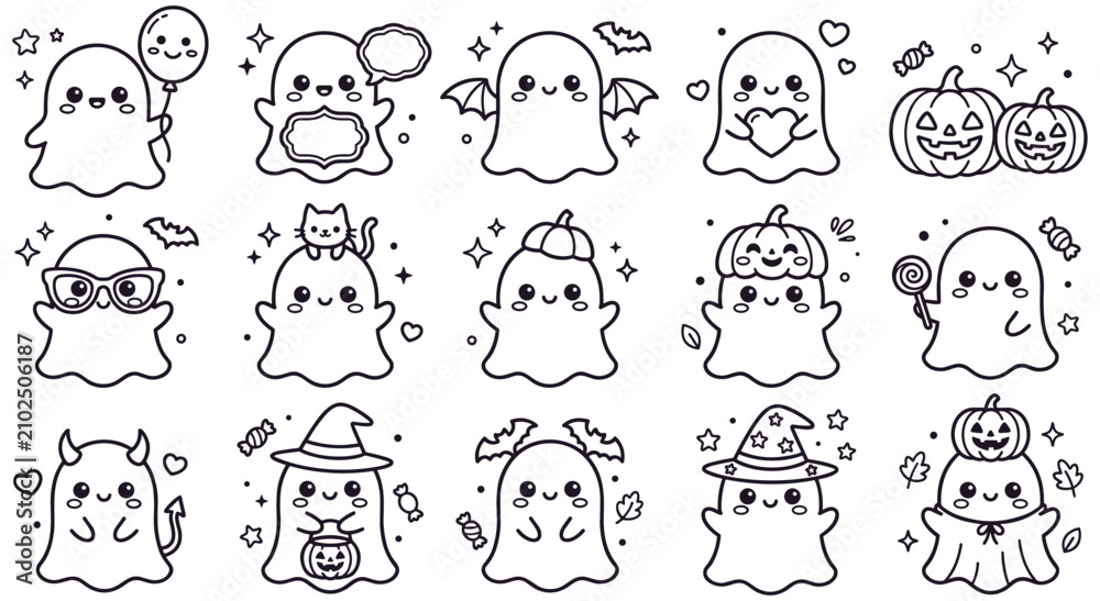 Fototapeta premium Cute kawaii ghost characters set with pumpkins and halloween decorations.