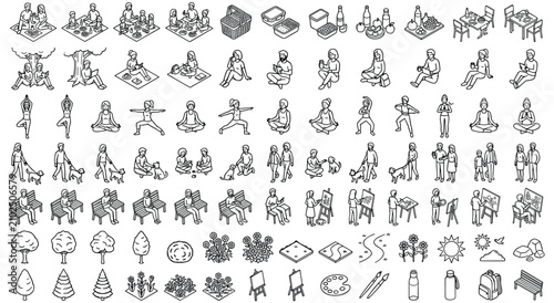 Принти на полотні Picnic and park activity leisure icons set with people and recreation gear