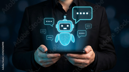 Businessman holding tablet with digital ai chatbot helper and chat icon hologram