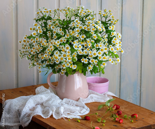 garden daisies in a pink jug on the table. flowers and berries, summer rural still life.