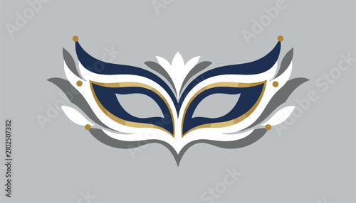 Elegant carnival masquerade mask designed in sophisticated navy blue gold and white color palette over grey background.