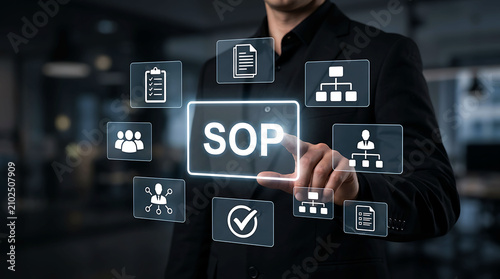 Businessman touching SOP standard operating procedure digital screen interface