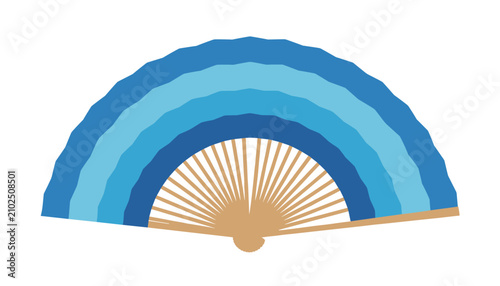 Elegant folding hand fan with blue gradient stripes and natural wooden ribs isolated on a clean white background.