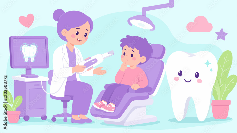 Fototapeta premium Pediatric Dentist Explaining Intraoral Scanner to Child Patient with Friendly Tooth Character