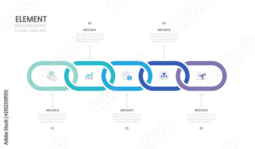 Infographic business timeline chain diagram 5 steps to success template. presentation and workflows vector illustration.