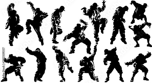 Fotografía Dynamic Hip Hop Dancer Silhouettes, Urban Breakdance Poses, Energetic Street Dan