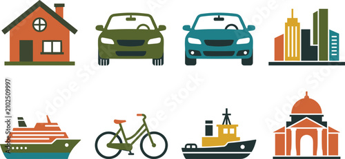 Foto Real estate city architecture and transportation icon set with house cars bicycl