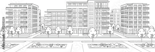 Quadro su tela Modern Residential Apartment Complex Streetscape Architectural CAD Line Drawing