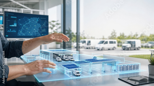 Electric Fleet Engineer Planning Holographic Vehicle Depot Charging Bays and Solar Canopy