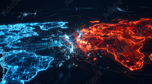 World map network illustration with blue and red glowing lines on dark background, globe continents