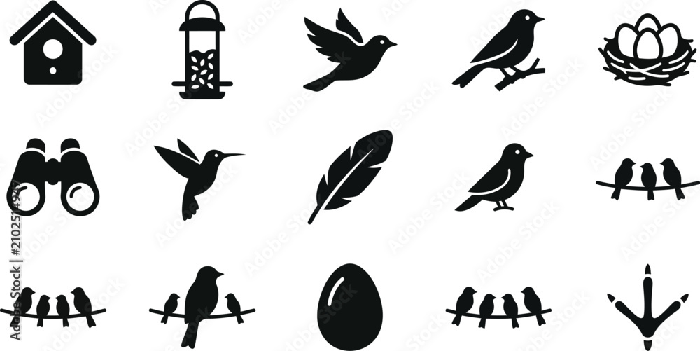 Obraz premium Birds icon set black silhouettes vector illustration, wild bird species flat icons isolated