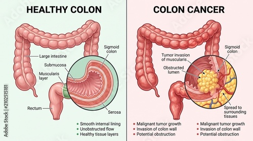 Medical illustration comparing healthy colon and colon cancer anatomy