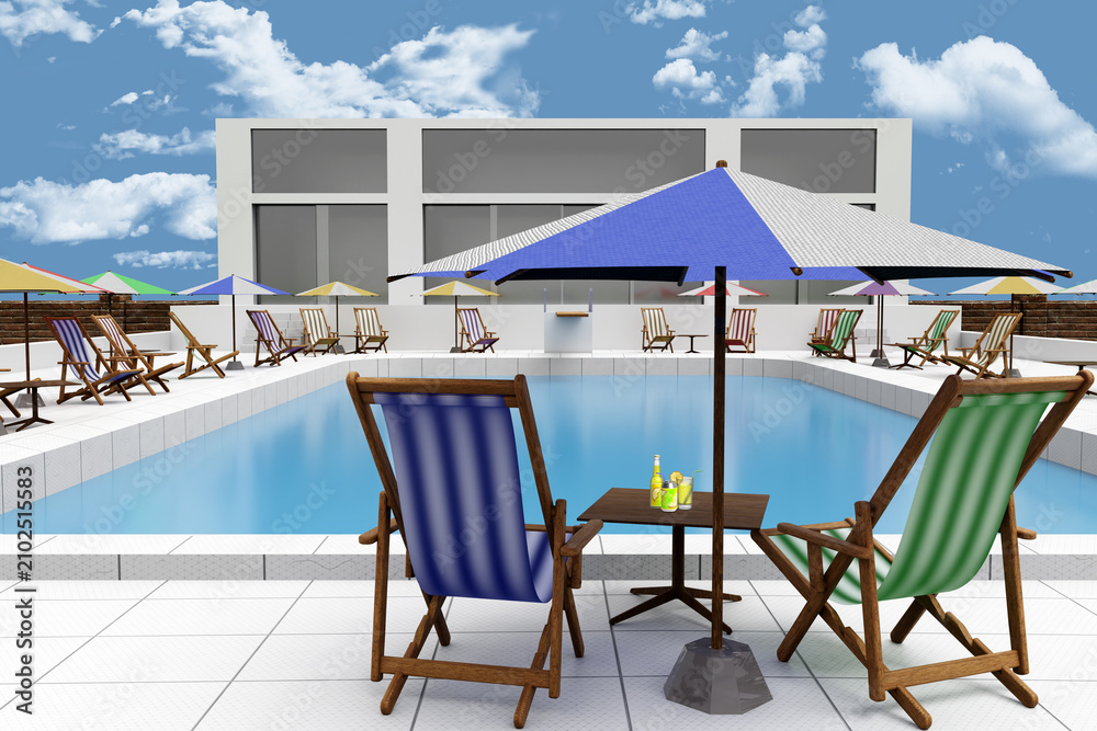 Fototapeta premium Piscina esterna vista dall’alto, circondata da ombrelloni colorati, lettini e tavolini, con edificio moderno sullo sfondo. Scena luminosa che rappresenta relax, turismo e lifestyle estivo.