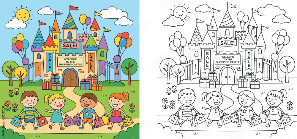 Fototapeta premium Kids shopping at castle coloring book page. Colorful and outline vector illustration of happy children with shopping bags in front of shopping castle with gifts and balloons.