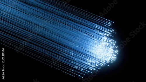 Close-up of numerous thin blue light strands radiating from a bright center