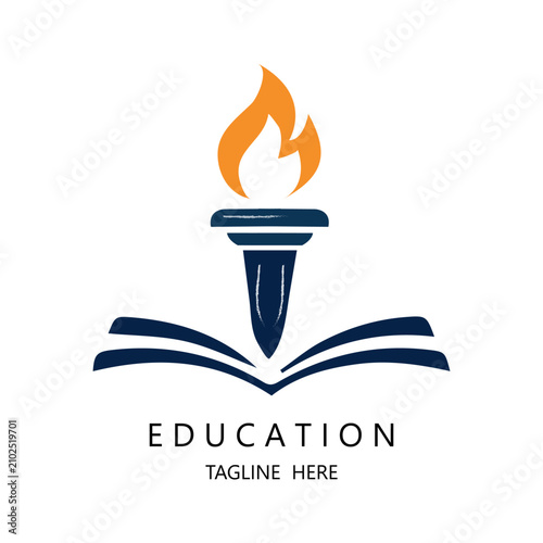 Modern minimalist academic emblem combining a fountain pen nib, blazing fire, and open pages for university or school identity