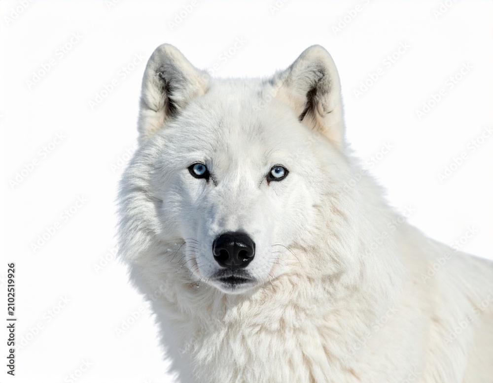 Fototapeta premium Portrait of an intense Arctic wolf head with piercing blue eyes isolated on white